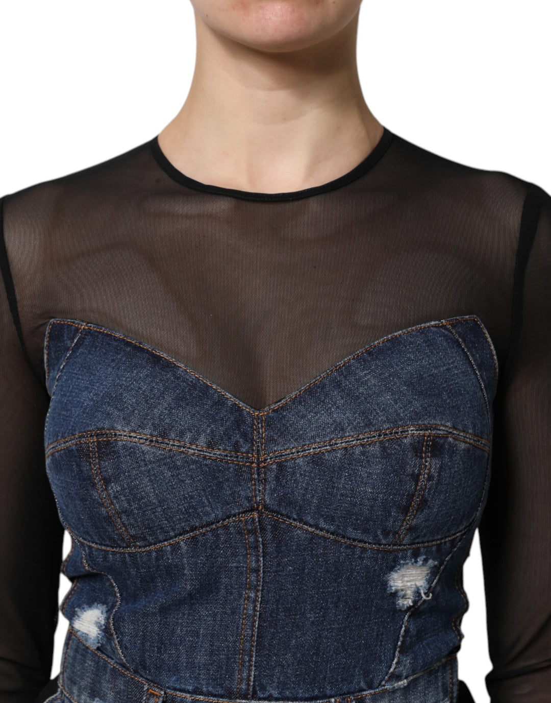 Dolce &amp; Gabbana Black Blue Long Sleeves Denim Mini Dress
