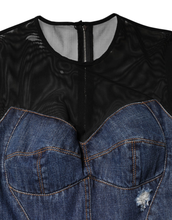 Dolce &amp; Gabbana Black Blue Long Sleeves Denim Mini Dress