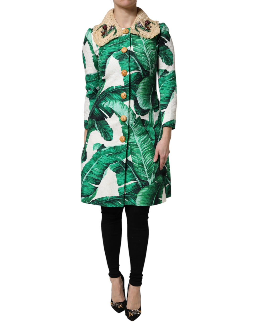 Dolce &amp; Gabbana Multicolor Leaf Print Embellished Trenchcoat Jacket