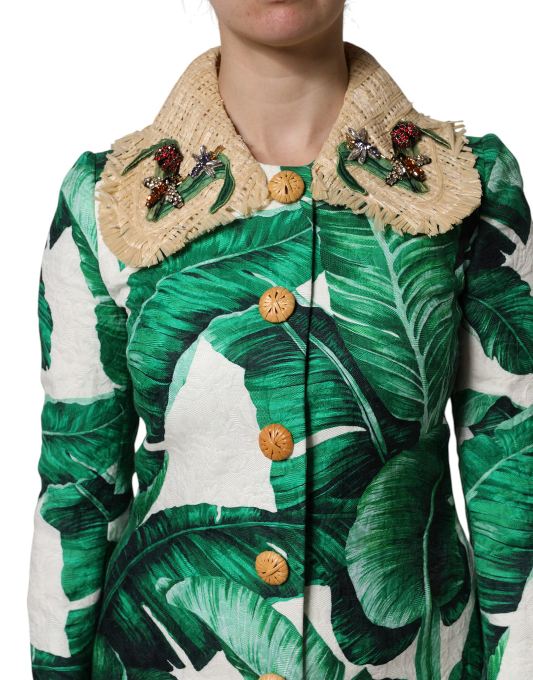 Dolce &amp; Gabbana Multicolor Leaf Print Embellished Trenchcoat Jacket