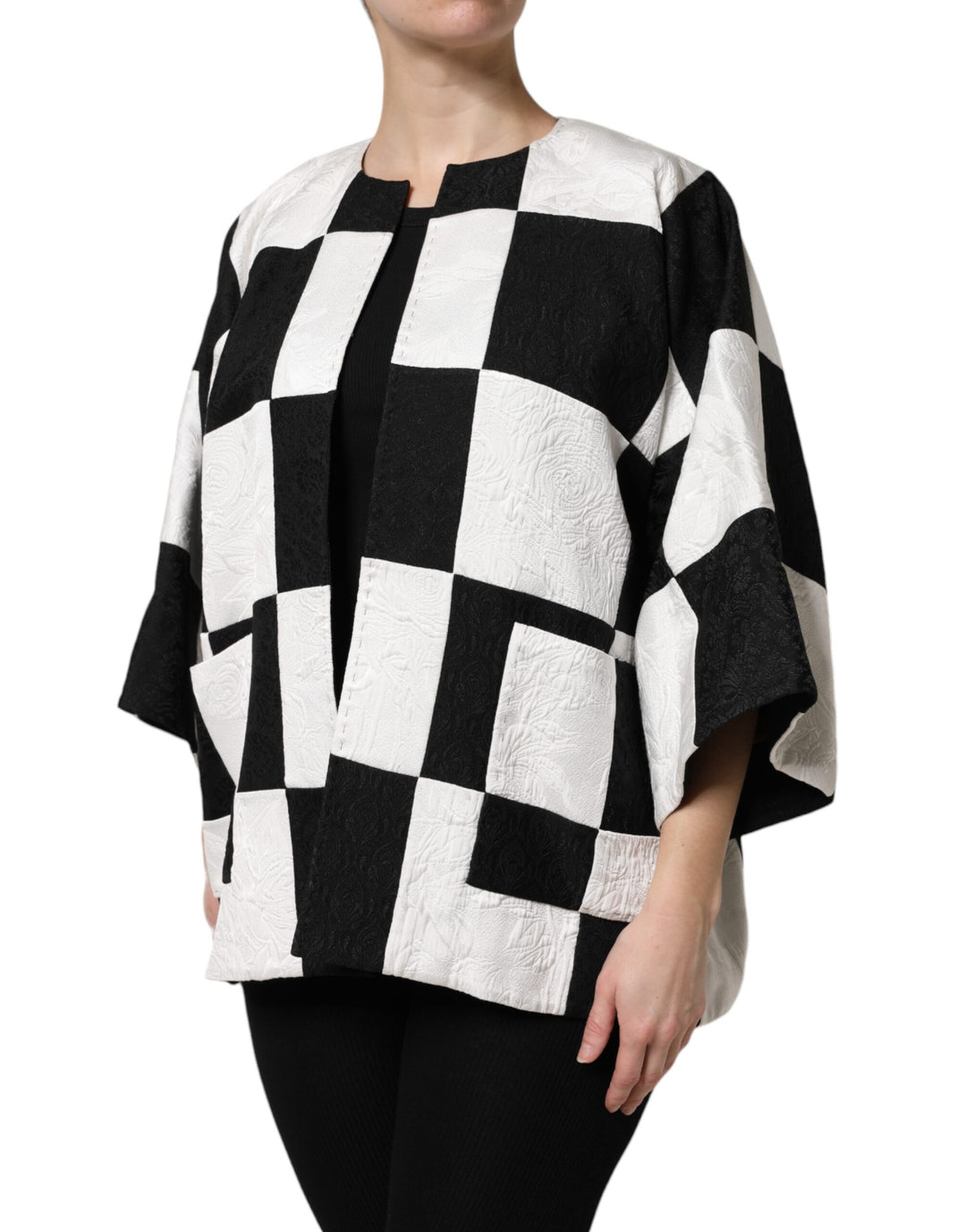 Dolce &amp; Gabbana White Black Patchwork Jacquard Blazer Jacket