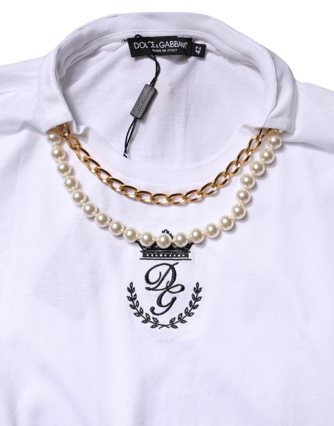 Dolce &amp; Gabbana White Chain Pearl Cotton Round Neck T-shirt