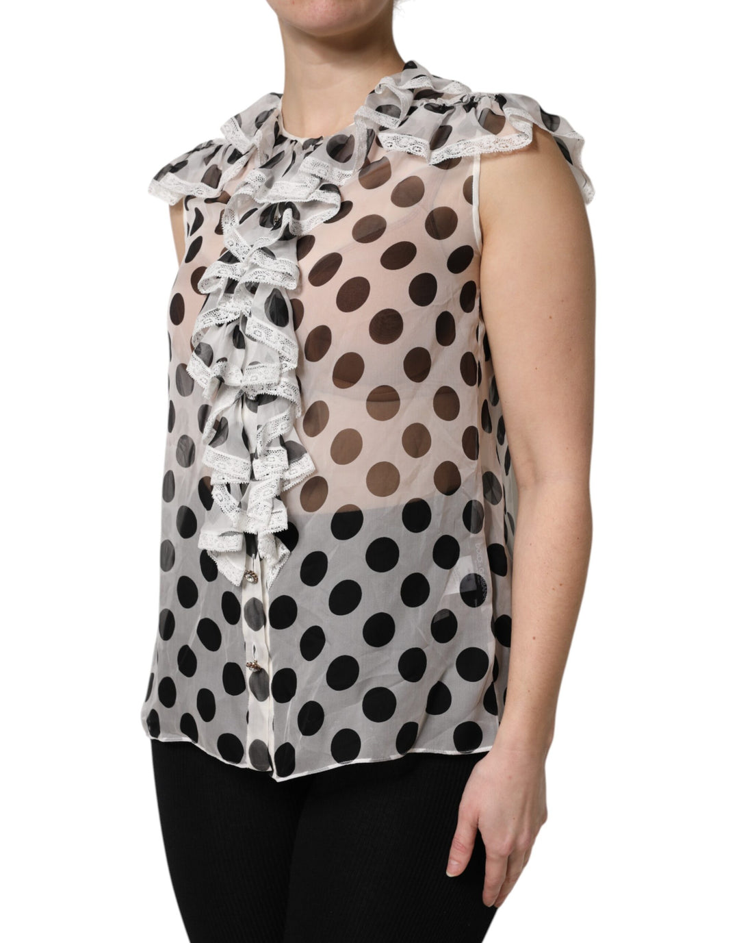 Dolce &amp; Gabbana White Black Polka Dot Cotton Sleeveless Top
