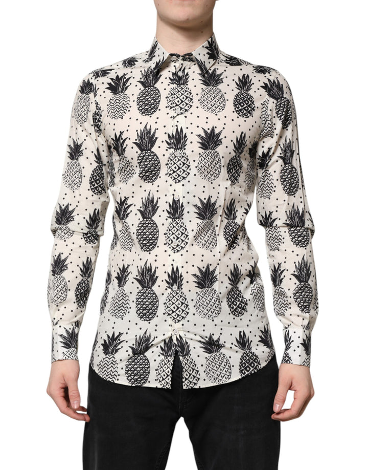 Dolce &amp; Gabbana White Pineapple Print Long Sleeve GOLD Shirt