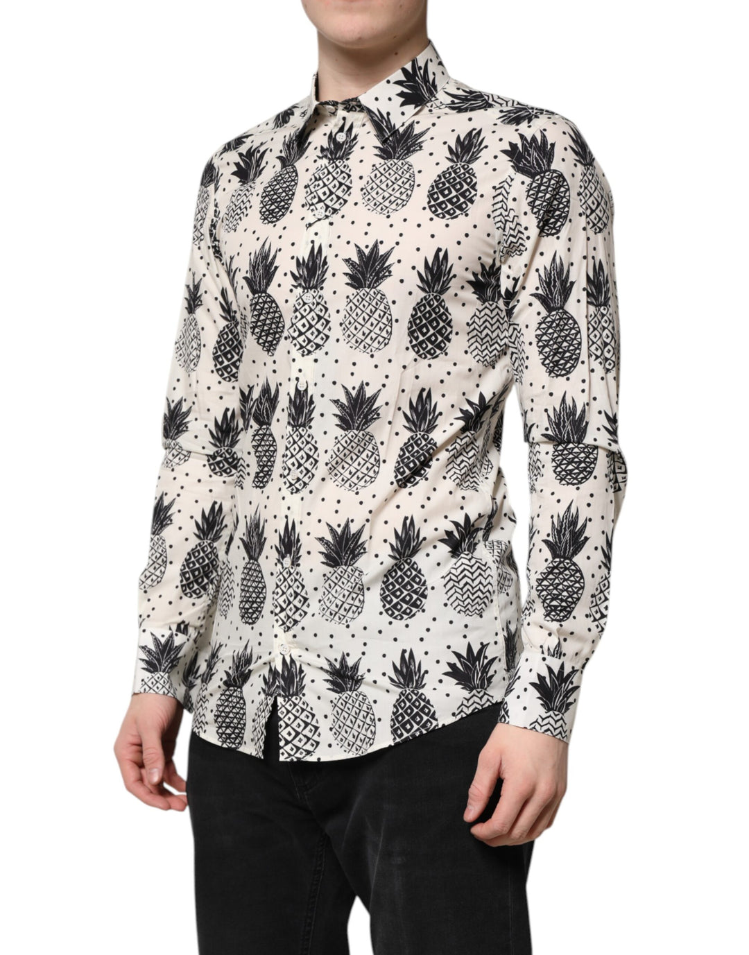 Dolce &amp; Gabbana White Pineapple Print Long Sleeve GOLD Shirt