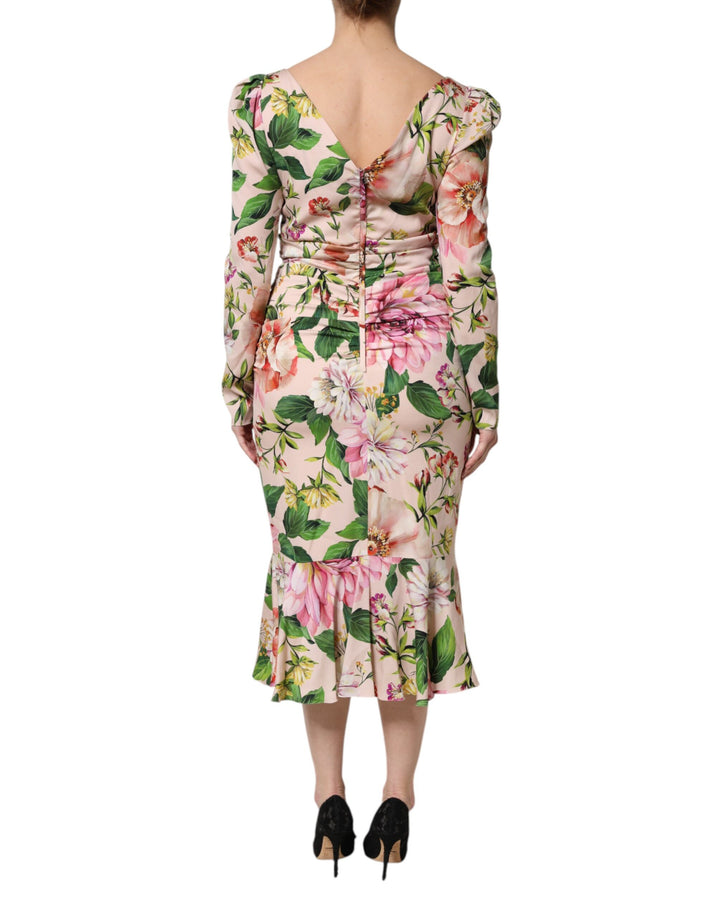 Dolce &amp; Gabbana Pink Floral Silk Fit And Flared Midi Dress