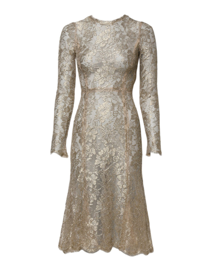 Dolce &amp; Gabbana Gold Floral Lace Long Sleeves Fit &amp; Flare Dress