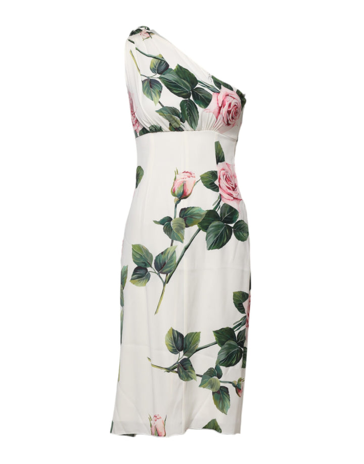Dolce &amp; Gabbana White Floral One Shoulder Sheath Midi Dress