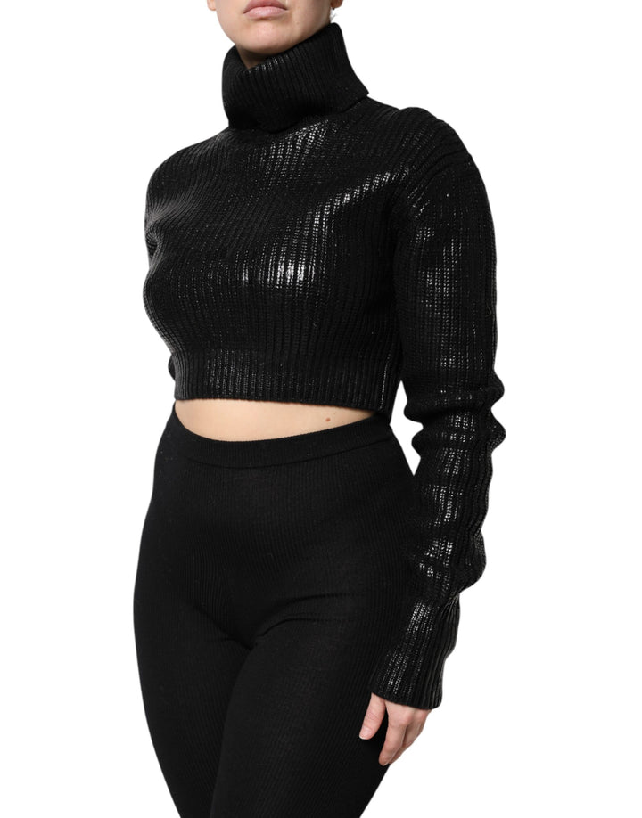 Dolce &amp; Gabbana Black Wool Long Sleeve Turtleneck Cropped Top