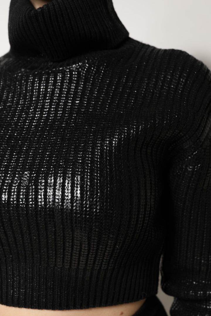 Dolce &amp; Gabbana Black Wool Long Sleeve Turtleneck Cropped Top