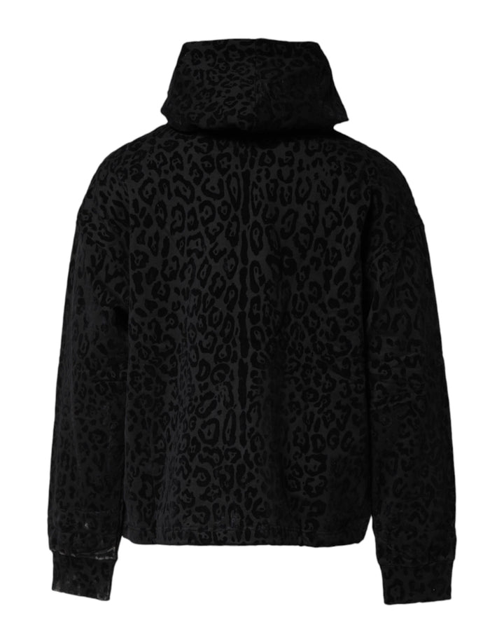 Dolce &amp; Gabbana Black Leopard Full Zip Hooded Sweatshirt Sweater