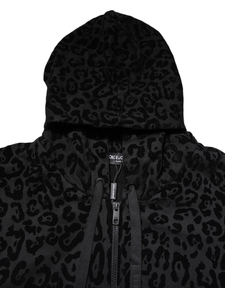 Dolce &amp; Gabbana Black Leopard Full Zip Hooded Sweatshirt Sweater