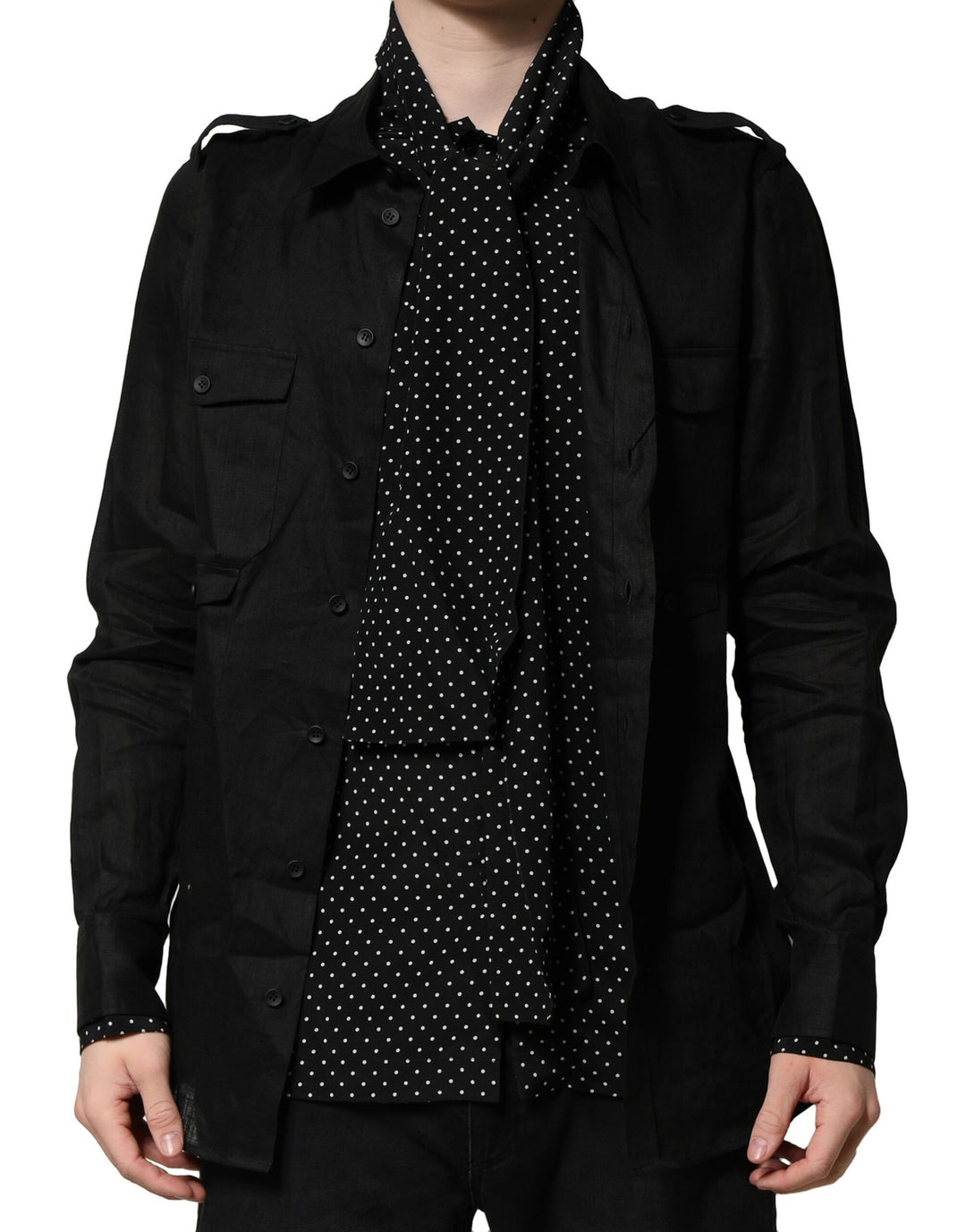 Dolce &amp; Gabbana Black Polka Dot Linen Silk Men Casual Shirt