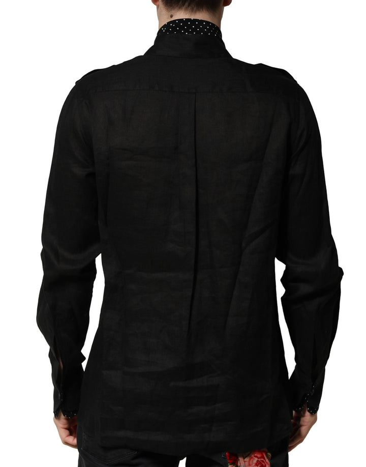 Dolce &amp; Gabbana Black Polka Dot Linen Silk Men Casual Shirt