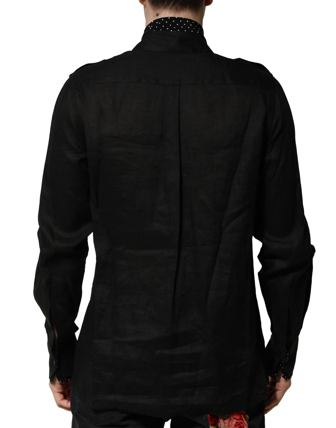 Dolce &amp; Gabbana Black Polka Dot Collar Tie Neck Casual Shirt