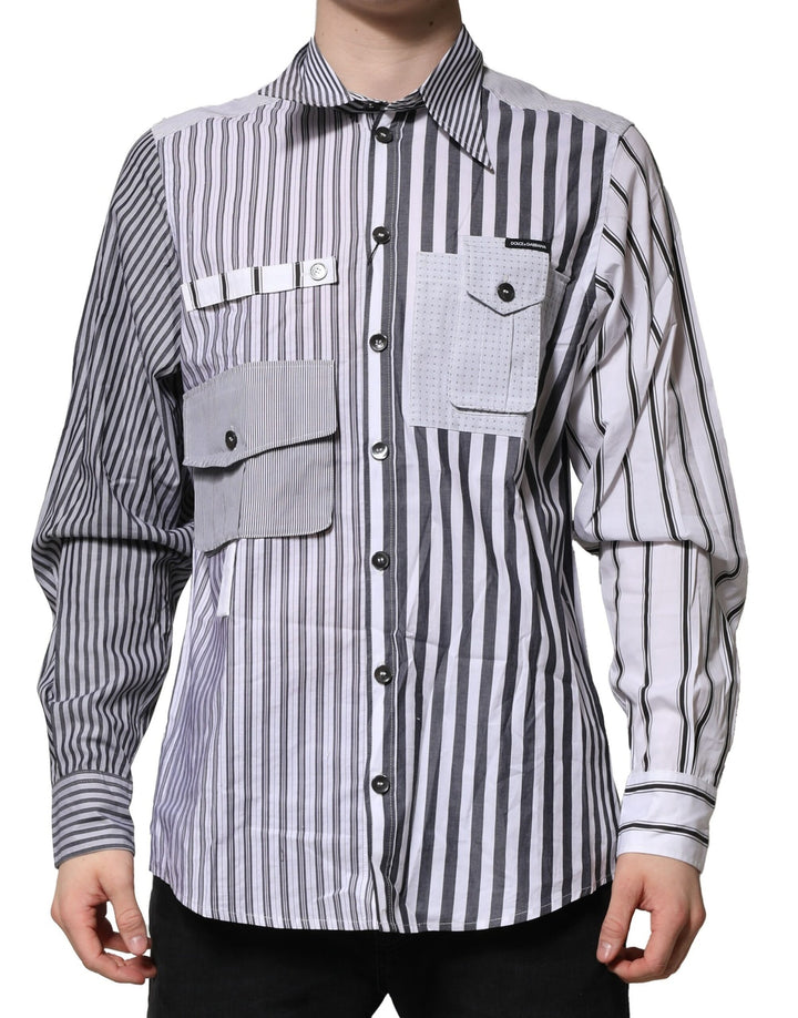 Dolce &amp; Gabbana White Gray Striped Cotton Men Casual Shirt