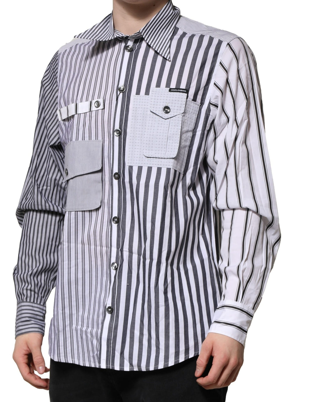 Dolce &amp; Gabbana White Gray Striped Cotton Men Casual Shirt