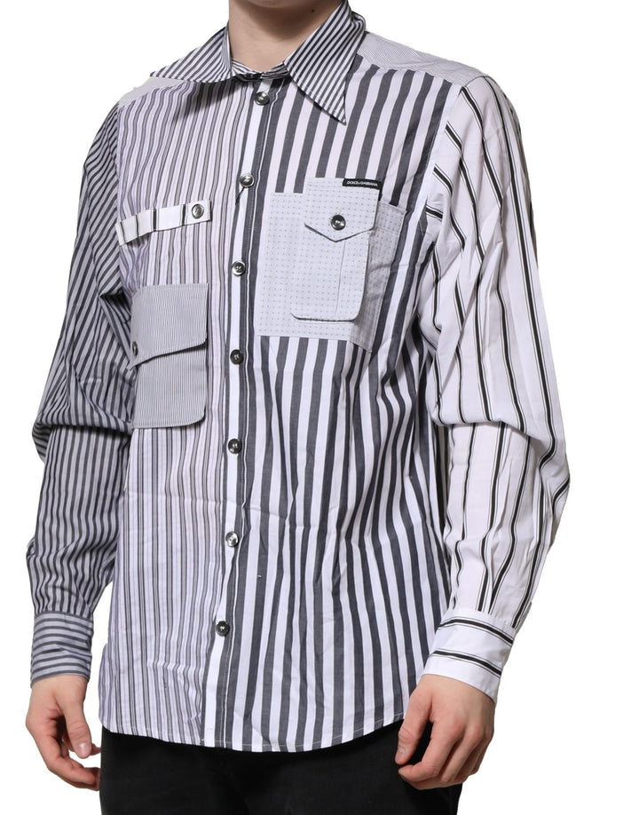 Dolce &amp; Gabbana White Gray Striped Cotton Men Casual Shirt