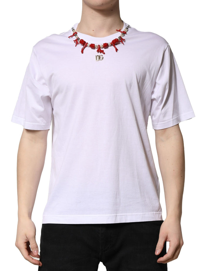 Dolce &amp; Gabbana White Embellished Cotton Crew Neck T-shirt