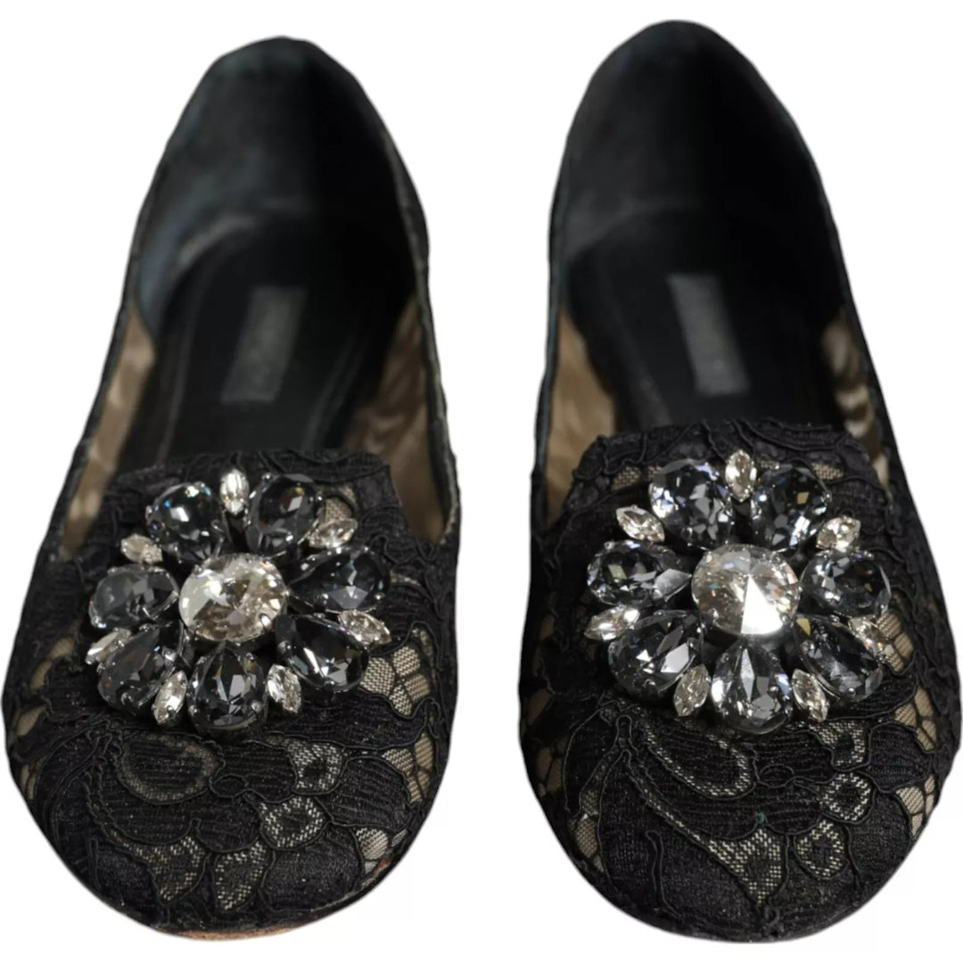 Dolce &amp; Gabbana Black Lace Crystal Ballet Flats Loafer Shoes