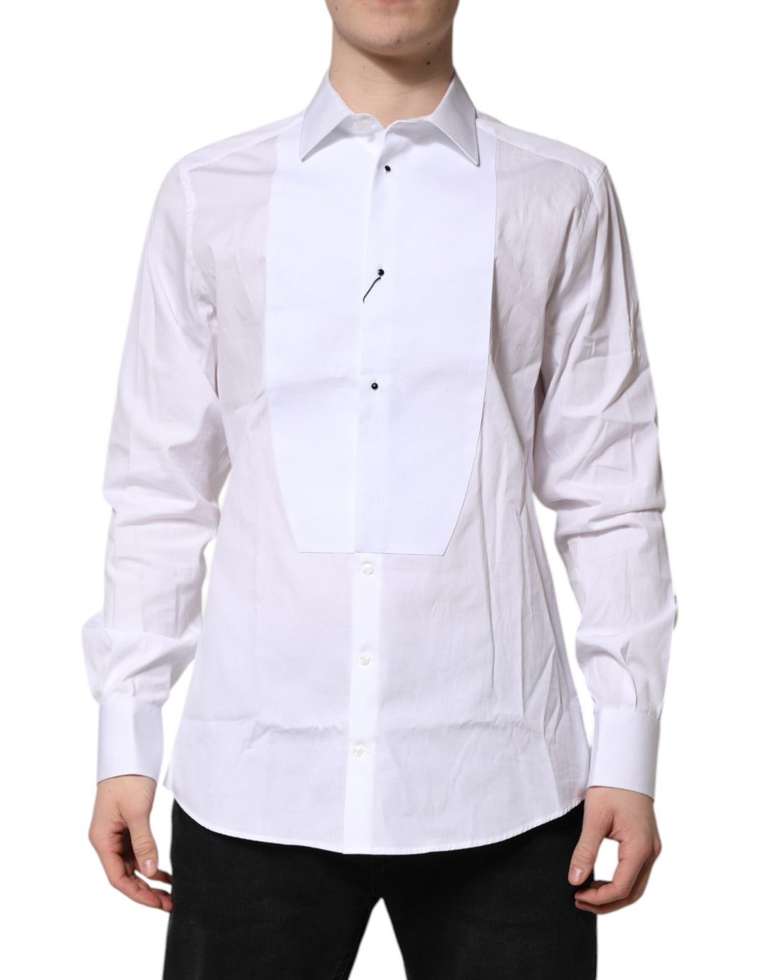 Dolce &amp; Gabbana White Silk Bib Poplin GOLD Men Formal Shirt