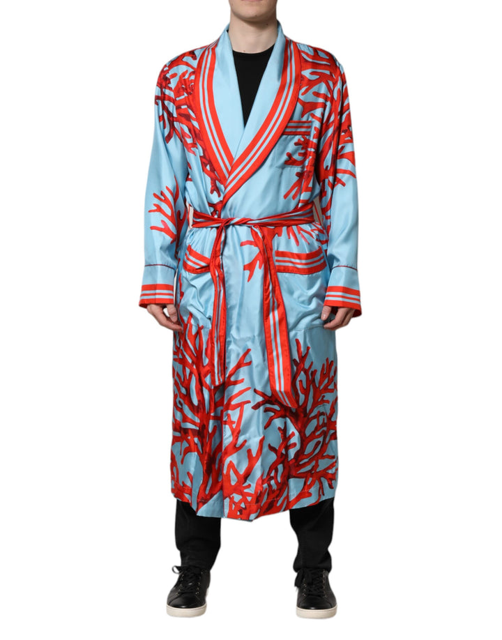 Dolce &amp; Gabbana Blue Red Coral Print Wrap Robe Coat Jacket