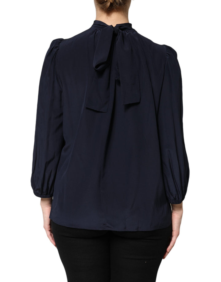 Dolce &amp; Gabbana Blue Silk Mock Neck Long Sleeves Blouse Top