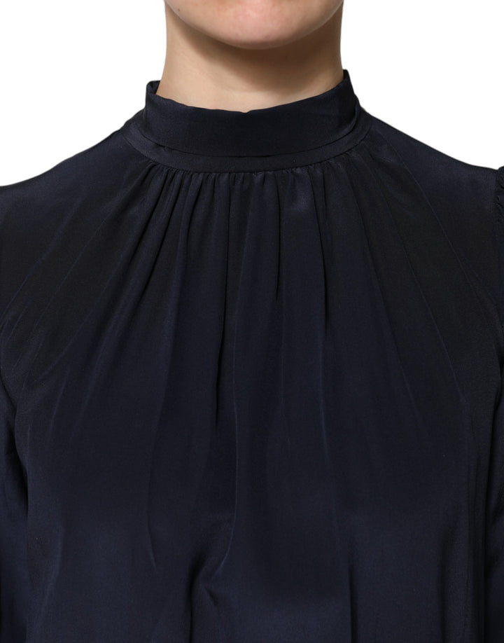 Dolce &amp; Gabbana Blue Silk Mock Neck Long Sleeves Blouse Top