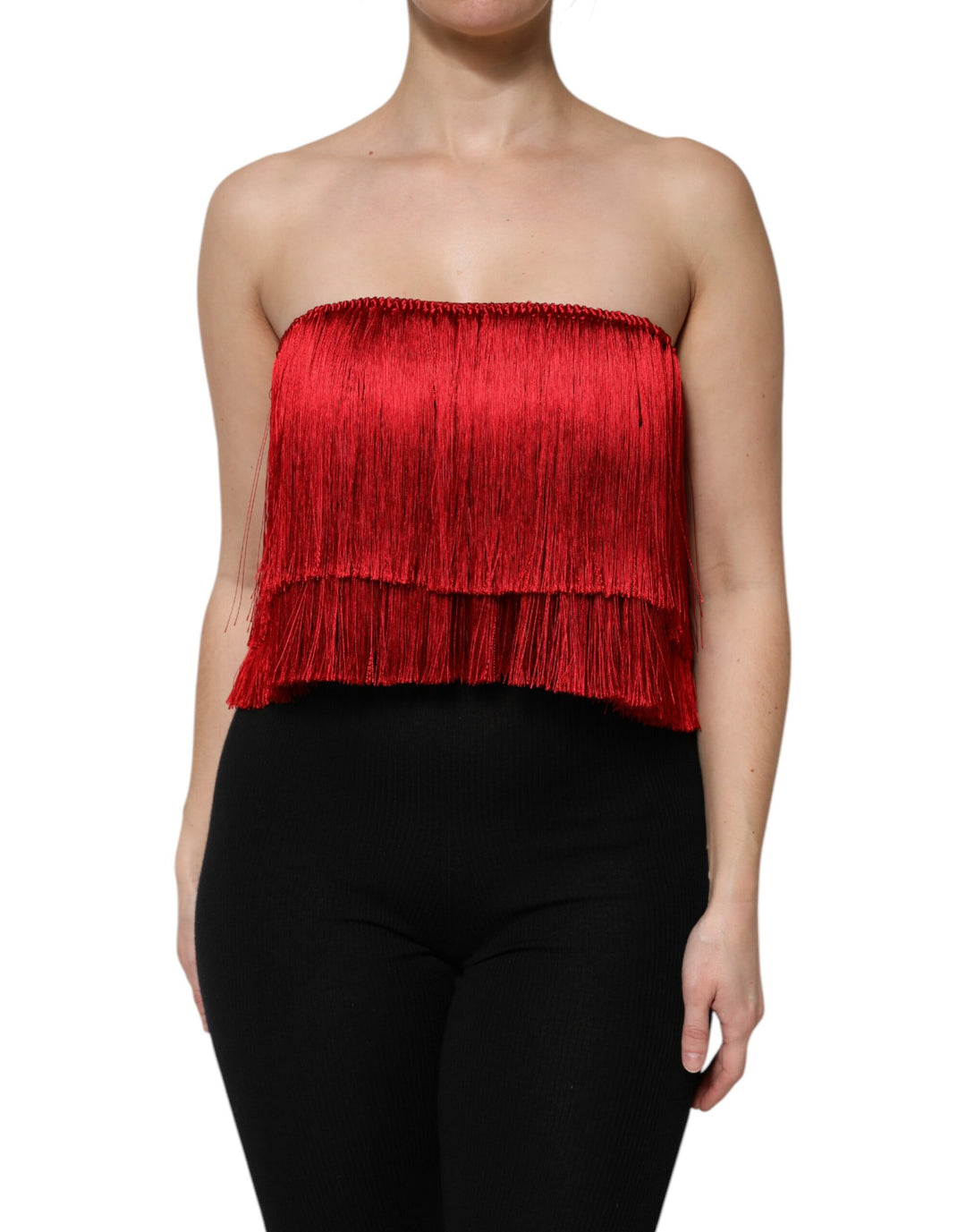Dolce &amp; Gabbana Red Silk Strapless Fringe Crop Tube Top