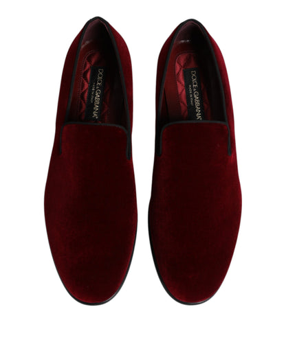 Dolce & Gabbana Red Cotton Velvet Slip On Loafers Formal Shoes