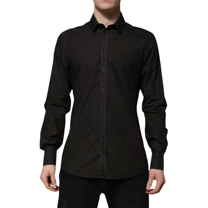 Dolce &amp; Gabbana Black Cotton Jacquard GOLD Collar Dress Shirt