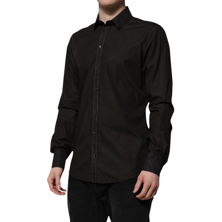 Dolce &amp; Gabbana Black Cotton Jacquard GOLD Collar Dress Shirt
