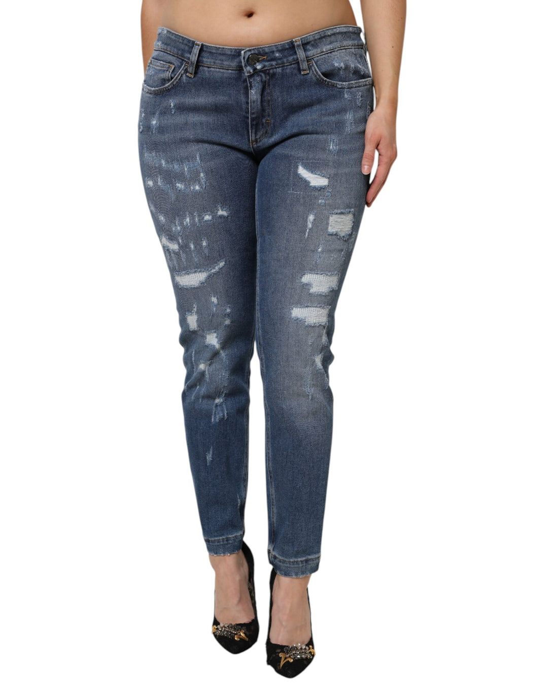 Dolce &amp; Gabbana Blue Tattered Cotton Low Waist Denim Jeans