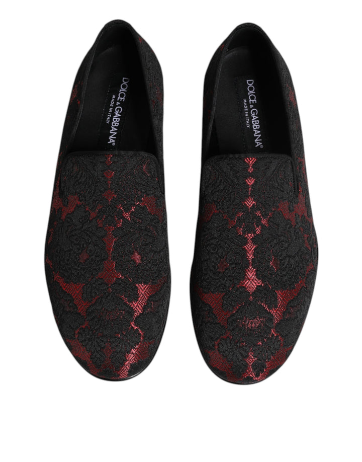 Dolce &amp; Gabbana Red Black Jacquard Slip On Loafers Shoes
