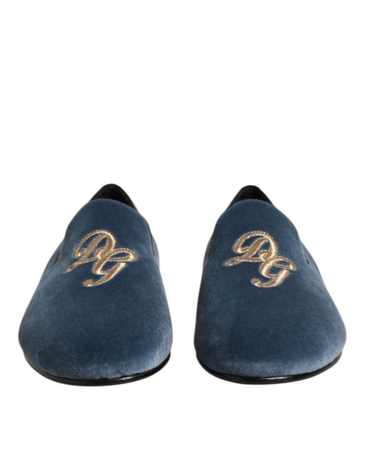 Dolce &amp; Gabbana Blue Velvet DG Logo Loafers Formal Shoes