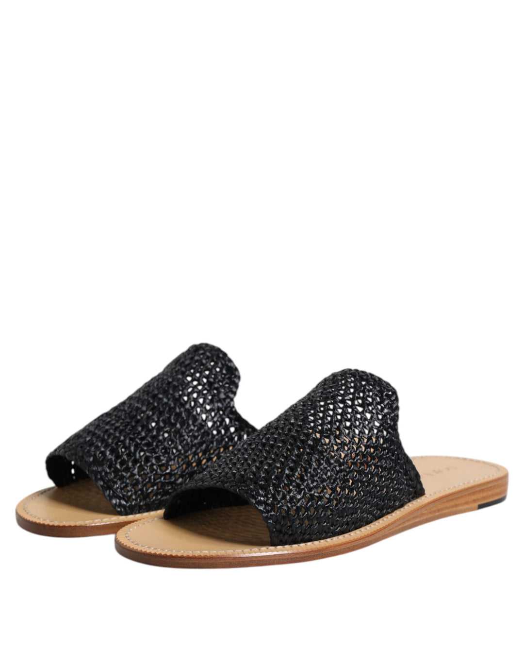 Dolce &amp; Gabbana Black Monochrome Braided Raffia Slides Shoes
