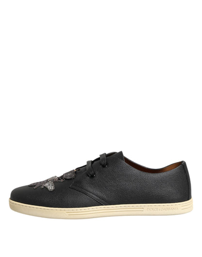 Dolce & Gabbana Black Leather Bee Crown Low Top Sneakers Shoes