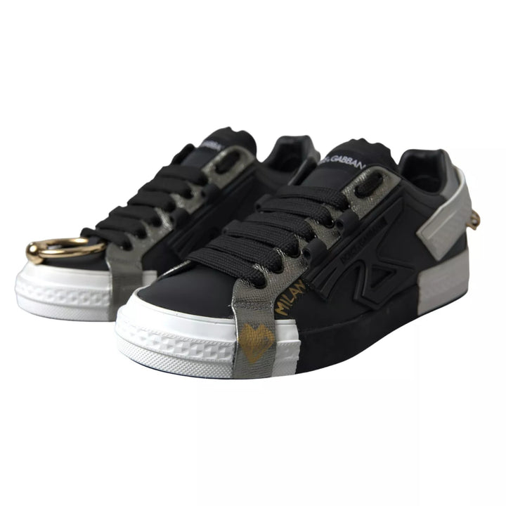 Dolce &amp; Gabbana Black Leather Low Top Sneakers Portofino Shoes