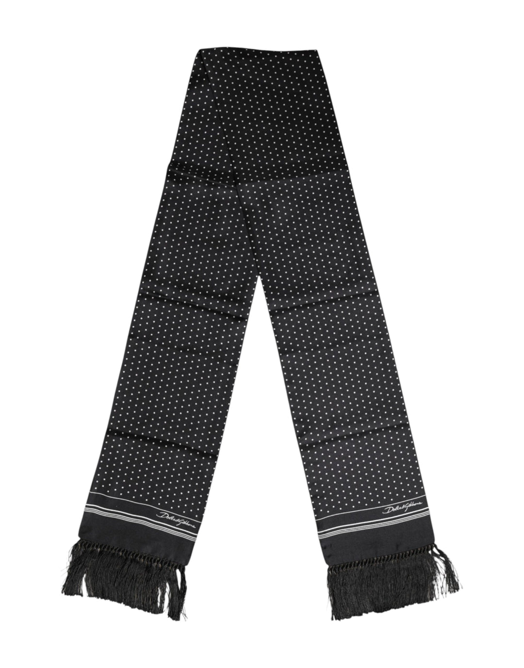 Dolce &amp; Gabbana Black White Polka Dot Fringes Foulard Scarf