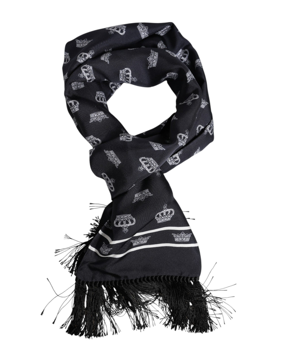 Dolce &amp; Gabbana Black Silk Crown Fringes Men Foulard Scarf