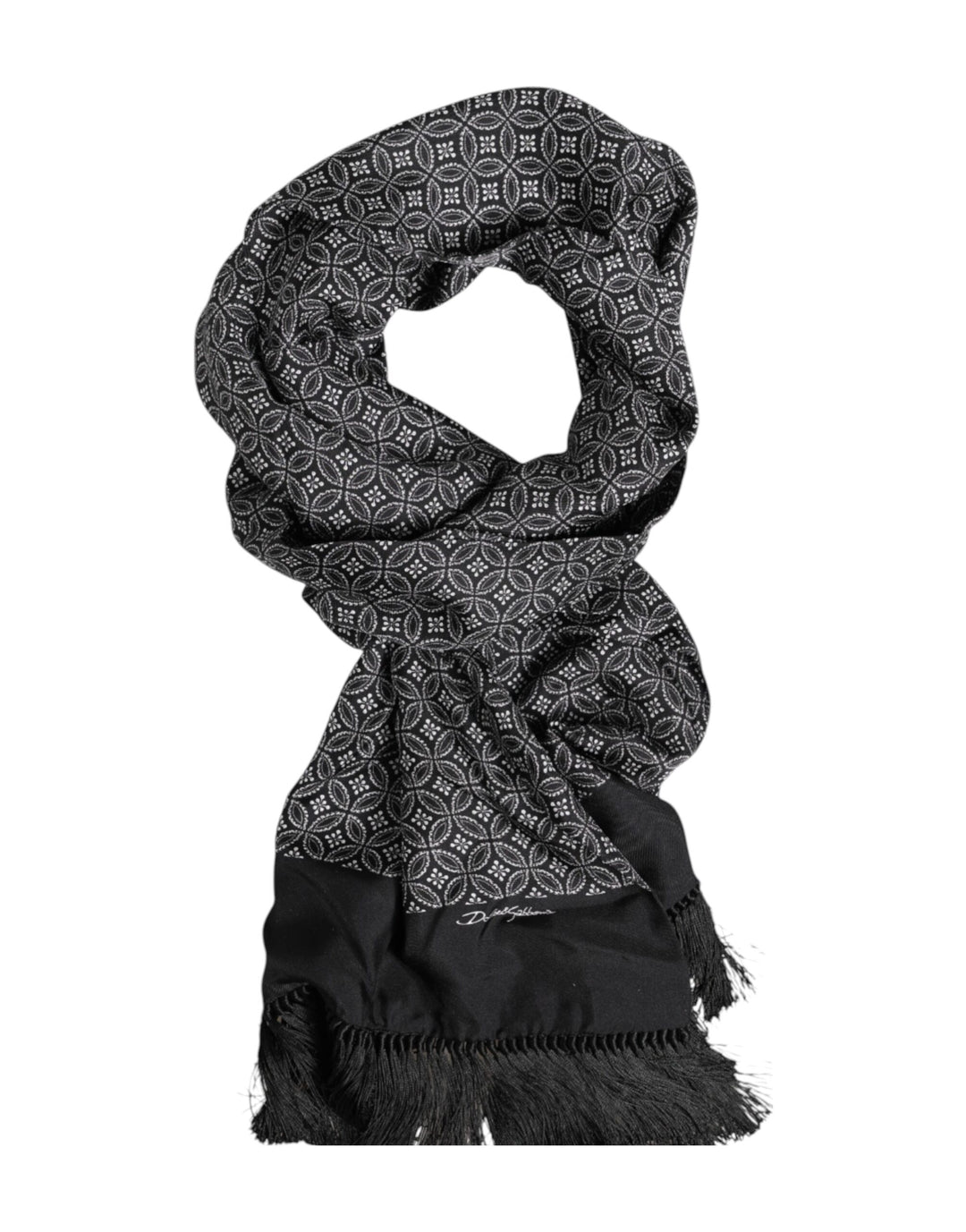 Dolce &amp; Gabbana Black Patterned Fringes Men Foulard Scarf