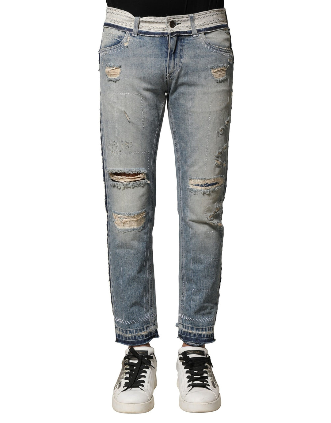 Dolce &amp; Gabbana Light Blue Tattered Straight Men Denim Jeans