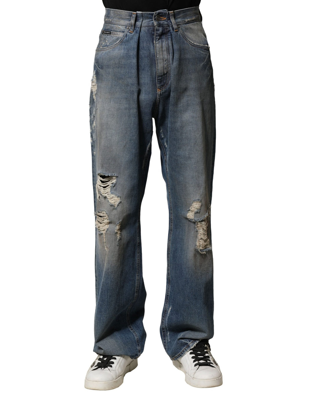 Dolce &amp; Gabbana Blue Cotton Tattered Men Denim Jeans