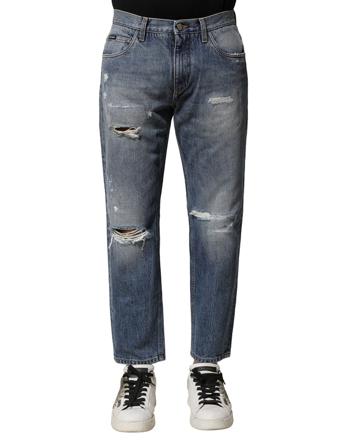 Dolce &amp; Gabbana Blue Washed Tattered Straight Fit Denim Jeans