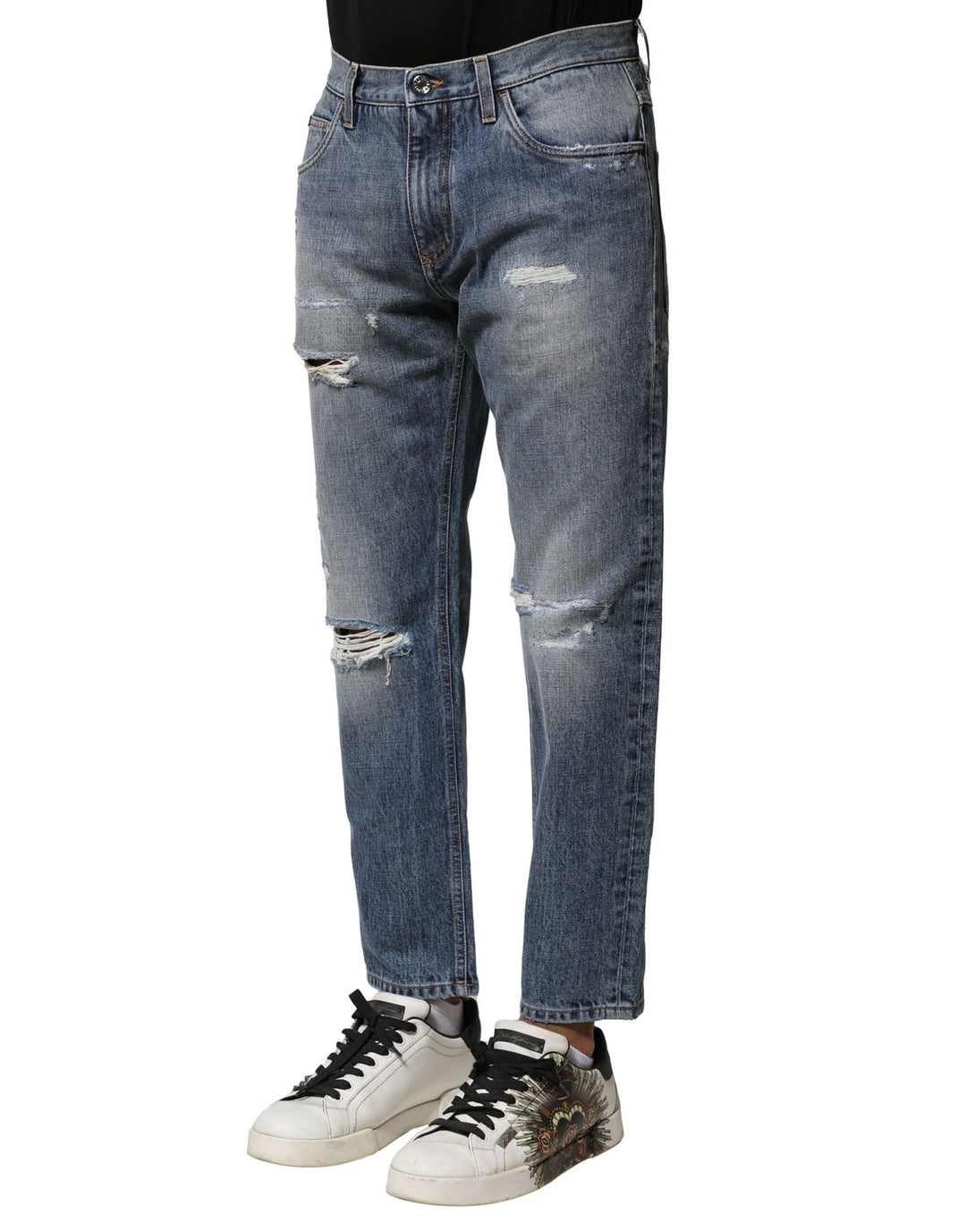 Dolce &amp; Gabbana Blue Washed Tattered Straight Fit Denim Jeans