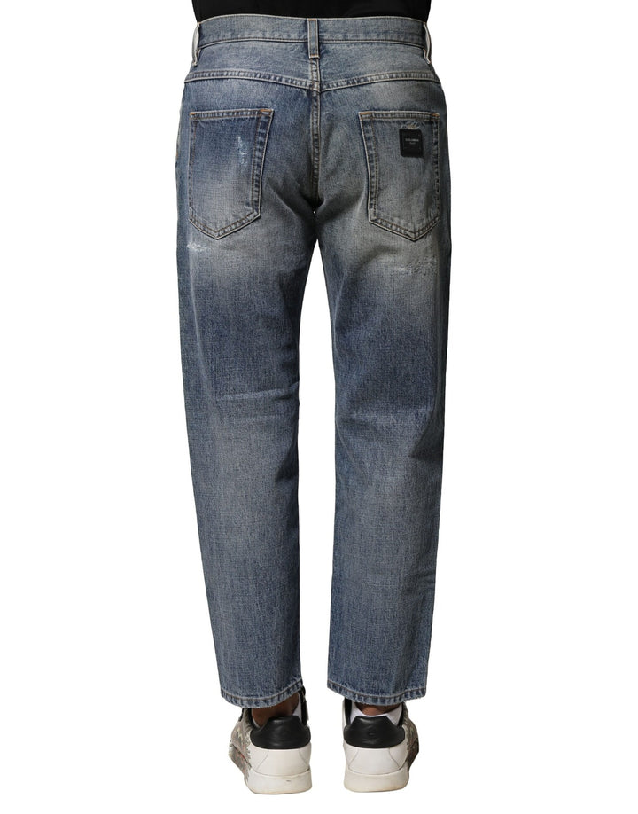 Dolce &amp; Gabbana Blue Washed Tattered Straight Fit Denim Jeans