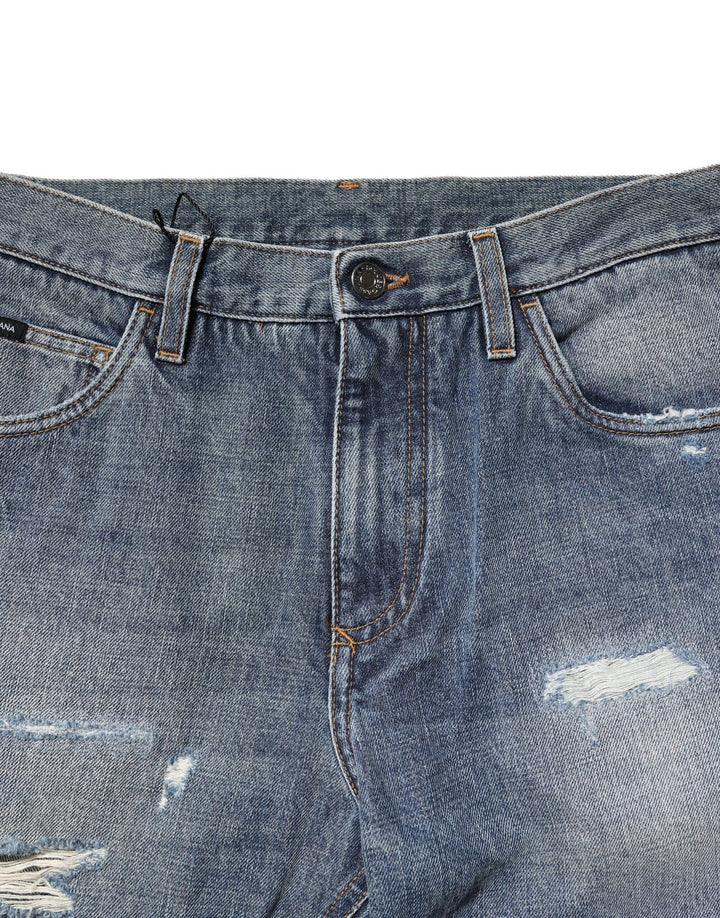 Dolce &amp; Gabbana Blue Washed Tattered Straight Fit Denim Jeans