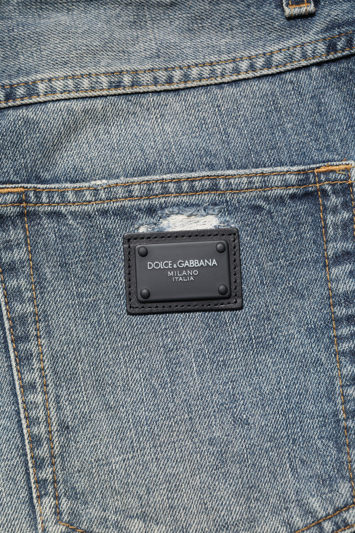 Dolce &amp; Gabbana Blue Washed Tattered Straight Fit Denim Jeans