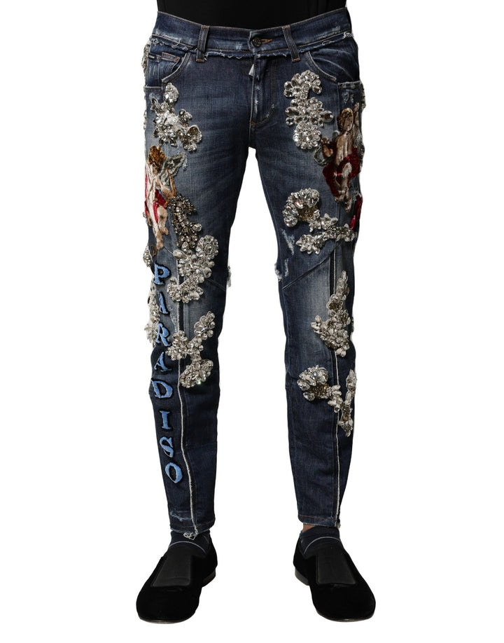 Dolce &amp; Gabbana Blue Cotton Rhinestone Embellish Denim Jeans