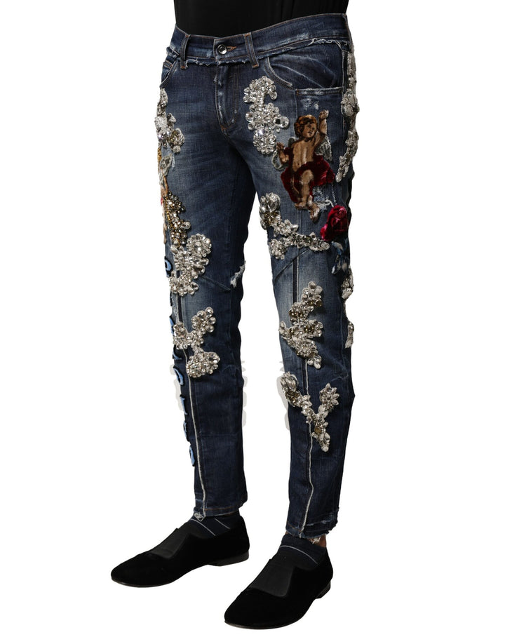 Dolce &amp; Gabbana Blue Cotton Rhinestone Embellish Denim Jeans